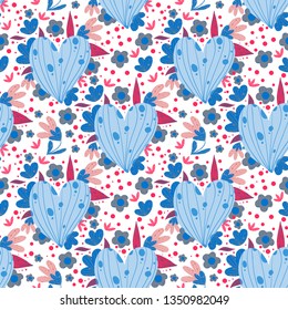 Floral seamless doodle hand-drawn pattern with leaves, flowers and dots