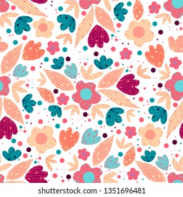 Floral seamless doodle hand-drawn pattern with leaves, flowers and dots