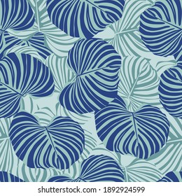 Floral seamless doodle pattern with abstract tropical leaves elements. Monstera blue foliage print. Designed for fabric design, textile print, wrapping, cover. Vector illustration.