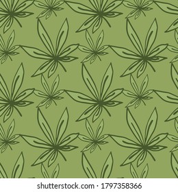 Patrón de doodle sin soldadura floral con hojas de papel dibujadas a mano. La marihuana rebosaba elementos y fondo en colores verdes. Diseñado para papel pintado, textil, envoltura, impresión de tela. Ilustración del vector