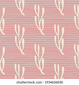 Floral seamless doodle pattern with hand drawn branches simple ornament. Pastel pink striped background. Great for fabric design, textile print, wrapping, cover. Vector illustration.