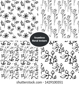 floral seamless doodle patterns set by hand drawn. Black and white vector illustration.