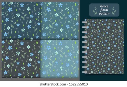 Floral seamless doodle patterns set. Leaves, flowers, branches and elements. Vector illustration of repeat background for scrabooking, fashion, textile, cover, backdrop, wrapping paper use.