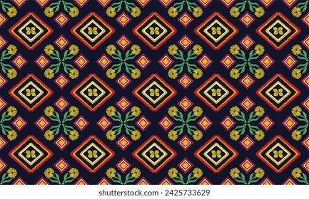 Floral seamless embroidery on black background.Ikat ethnic oriental pattern traditional. Ethnic pattern style. Design for ikat, blanket, fabric, clothing, carpet, textile, ethnic, batik, embroidery.