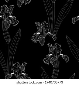 Floral seamless etching pattern. Flower background. Floral seamless texture with iris flowers. Flourish tiled black white line wallpaper.