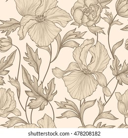 Floral seamless etching pattern. Flower background. Etching seamless texture with flowers iris. Flourish tiled wallpaper