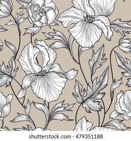 Floral seamless etching pattern. Flower background. Floral seamless texture with flowers. Flourish tiled wallpaper