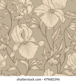 Floral seamless etching pattern. Flower background. Floral seamless texture with flowers. Flourish tiled wallpaper