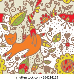 Floral seamless ethnic pattern with cat, fish, leaves