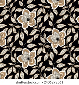 Floral seamless ethnic pattern in vintage paisley style. Ornamental garden Flowers and leaves.