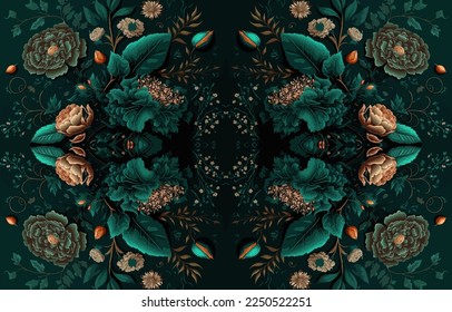 Floral seamless fabric pattern in dark tone. Abstract fabric textile line graphic flower antique. Ethnic flowers vector ornate elegant luxury vintage retro style. Floral art print design for textile.