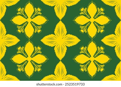 A floral seamless fabric pattern features an elegant, continuous arrangement of blooming flowers and botanical elements that repeat seamlessly across the fabric. 