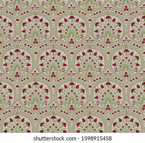 Floral seamless fabric pattern. Flourish tiled oriental ethnic background. Arabic ornament with fantastic flowers and leaves. 