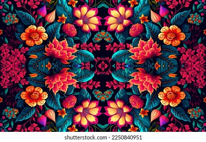 Floral seamless fabric pattern on black background. Abstract fabric textile line graphic flower blooming antique. Ethnic colorful flowers garden vector ornate elegant luxury vintage retro style.