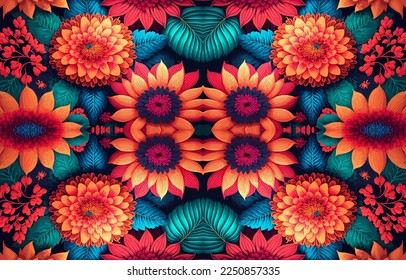 Floral seamless fabric pattern on black background. Abstract fabric textile line graphic flower blooming antique. Ethnic colorful flowers garden vector ornate elegant luxury vintage retro style.