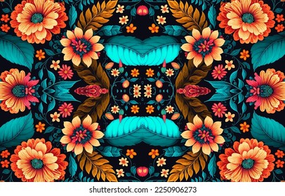 Floral seamless fabric pattern on black background. Abstract fabric textile line graphic flower blooming antique. Ethnic colorful flowers garden vector ornate elegant luxury vintage retro style.