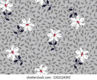 floral seamless flower with leaves pattern on grey background