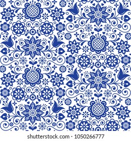 Floral seamless folk art vector pattern, Scandinavian navy blue repetitive design, Nordic ornament with flowers.

Floral seamless folk art vector pattern, Scandinavian navy blue repetitive design, Nor