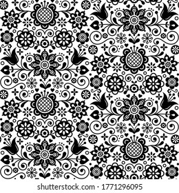 Floral seamless folk art vector pattern, Scandinavian black and white repetitive design, Nordic ornament with birds, hearts and flowers. Retro style decoration, Scandi endless background 