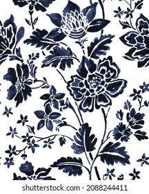 floral seamless folk pattern, ethnic folklore flowers, watercolor illustration in navy blue. Jacobean traditional style on a white background. Classic blue trendy vector illustration