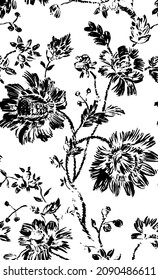 floral seamless folk pattern, ethnic folklore flowers, watercolor illustration in black and white. Jacobean style. Classic ornamental trendy vector illustration.