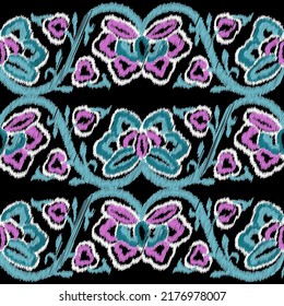 patrón folclórico sin costura, flores folclóricas étnicas, ilustración vectorial, estilo tradicional jacobeo sobre fondo negro. frontera de moda de flor étnica y ramas de rizo al estilo ikat 