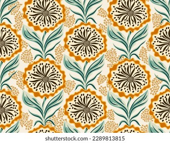 floral seamless folk pattern, ethnic folklore flowers, abstract sunny flowers. Yellow trendy vector illustration.
