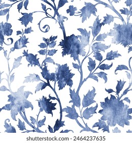 Floral seamless folk pattern, ethnic folklore flowers, watercolor illustration in navy blue. Jacobean traditional style on a white background. Classic blue trendy vector illustration