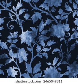 Floral seamless folk pattern, ethnic folklore flowers, watercolor illustration in navy blue. Jacobean traditional style on a dark background. Trendy vector illustration