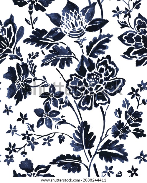 floral seamless folk pattern, ethnic\
folklore flowers, watercolor illustration in navy blue. Jacobean\
traditional style on a white background. Classic blue trendy vector\
illustration