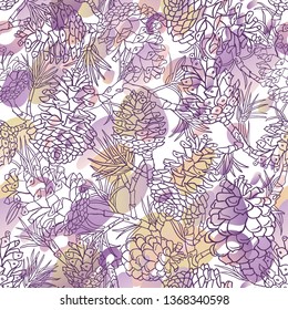Floral seamless forest violet pattern with pine cones and branches.  Сoniferous ornament on white background will be good for nutural cosmetic brand or graphic design.