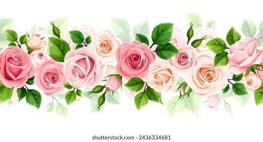 Floral seamless garland with pink and white rose flowers and green leaves. Vector horizontal seamless border. Hand-drawn illustration, not ai