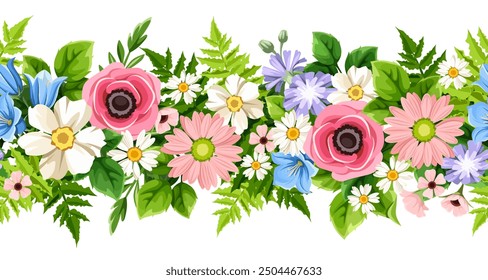 Floral seamless garland with pink, white, blue, and purple flowers and green leaves. Vector horizontal seamless border with wild flowers. Hand-drawn illustration, not AI