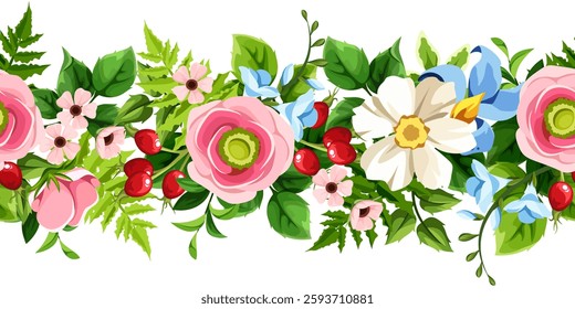 Floral seamless garland with pink, white, and blue flowers, green leaves, and red berries. Vector horizontal seamless border with wild flowers. Hand-drawn illustration, not AI