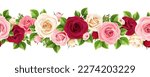 Floral seamless garland with red, pink, and white rose flowers and green leaves. Vector horizontal seamless border