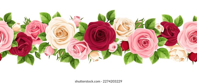 Floral seamless garland with red, pink, and white rose flowers and green leaves. Vector horizontal seamless border