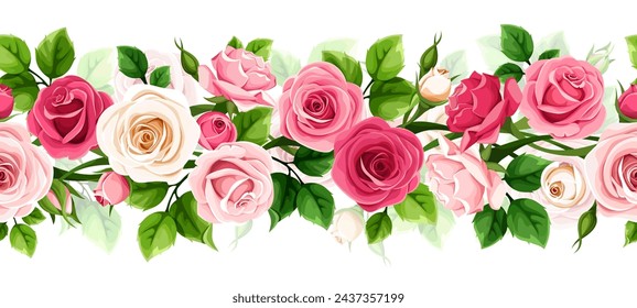 Floral seamless garland with red, pink, and white rose flowers and green leaves. Vector horizontal seamless border. Hand-drawn illustration, not ai