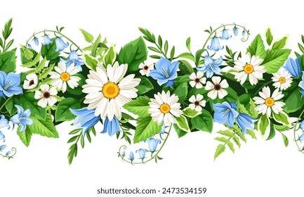 Floral seamless garland with white and blue daisy and bluebell flowers and green leaves. Vector horizontal seamless border with wild flowers. Hand-drawn illustration, not AI