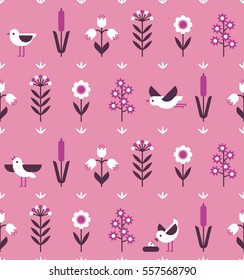 Floral seamless geometric pattern with wild flowers. Vector flat illustration on gentle pink background.