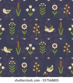 Floral seamless geometric pattern with wild flowers. Vector flat illustration on dark blue background.