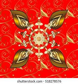 Floral seamless with gold elements on red background. Vector.
