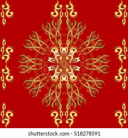 Floral seamless with gold elements on red background. Vector.