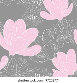 floral seamless gray background with pink crocuses