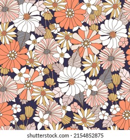 Floral seamless groovy pattern in retro style. Hand drawn blossom beige vintage texture. Great for fabric, textile, wallpaper. Vector illustration