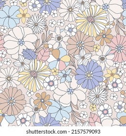 Floral Seamless Groovy Pattern In Retro Style. Hand Drawn Pastel Blossom  Vintage Texture. Great For Fabric, Textile, Wallpaper. Vector Illustration