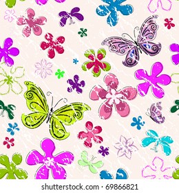 Floral seamless grunge pattern with flowers and butterflies (vector)