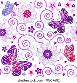 Floral seamless grunge pattern with flowers and butterflies (vector)