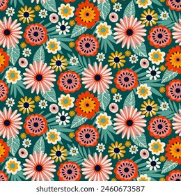 Floral Seamless Half Drop Pattern with Leaves and Flowers in Green, Red, Pink, Yellow, White. Repeat Wallpaper Print Texture. Perfectly for Wrapping Paper, Textile, Fabric, Decor Ornament.