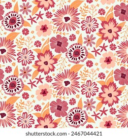 Floral sin costuras medio patrón de gota con hojas de fantasía y flores en Amaranto, melocotón rosa sobre blanco. Repetir textura de impresión de Fondo de pantalla. Perfectamente para papel artesanal de scrapbook, textil, tela, envolturas de regalo.