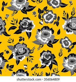 Floral seamless hand drawn background. Isolated black and white flowers and leafs on yellow background. Vector illustration.